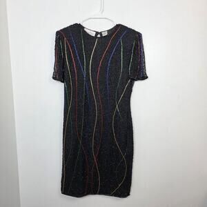 Laurence Kazar Black Beaded Sparkle‎ 100% Pure Silk Party Mini Dress Size Large